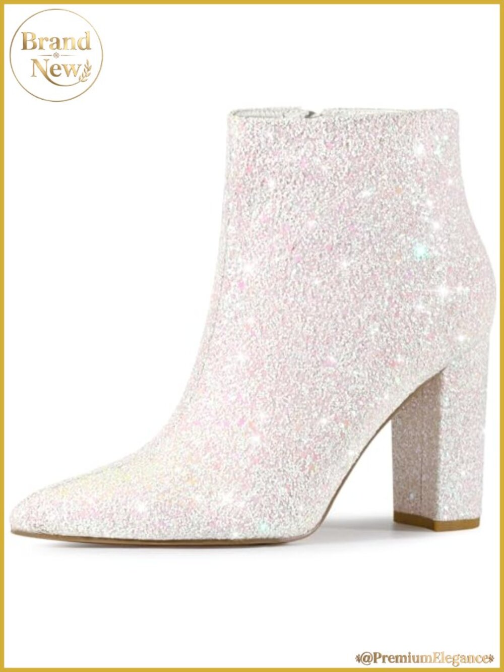 Women's Chunky Heel Pointed Toe Ankle Boots Glitter Side Zip
